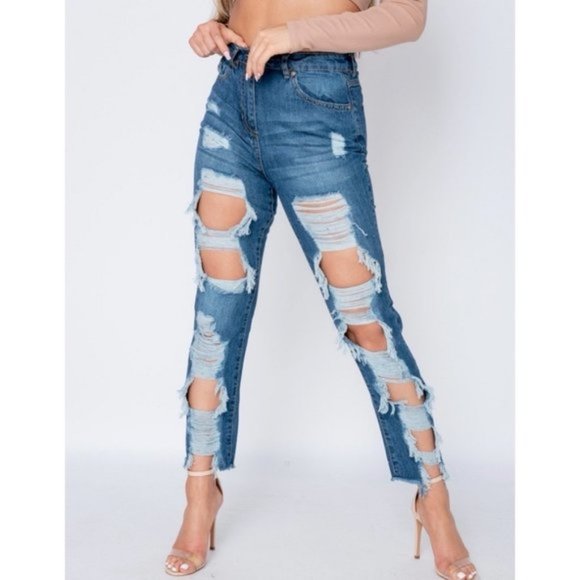 Denim - Blue High Waist Ripped Distressed Frayed Hem Boyfriend Jeans Denim Pants